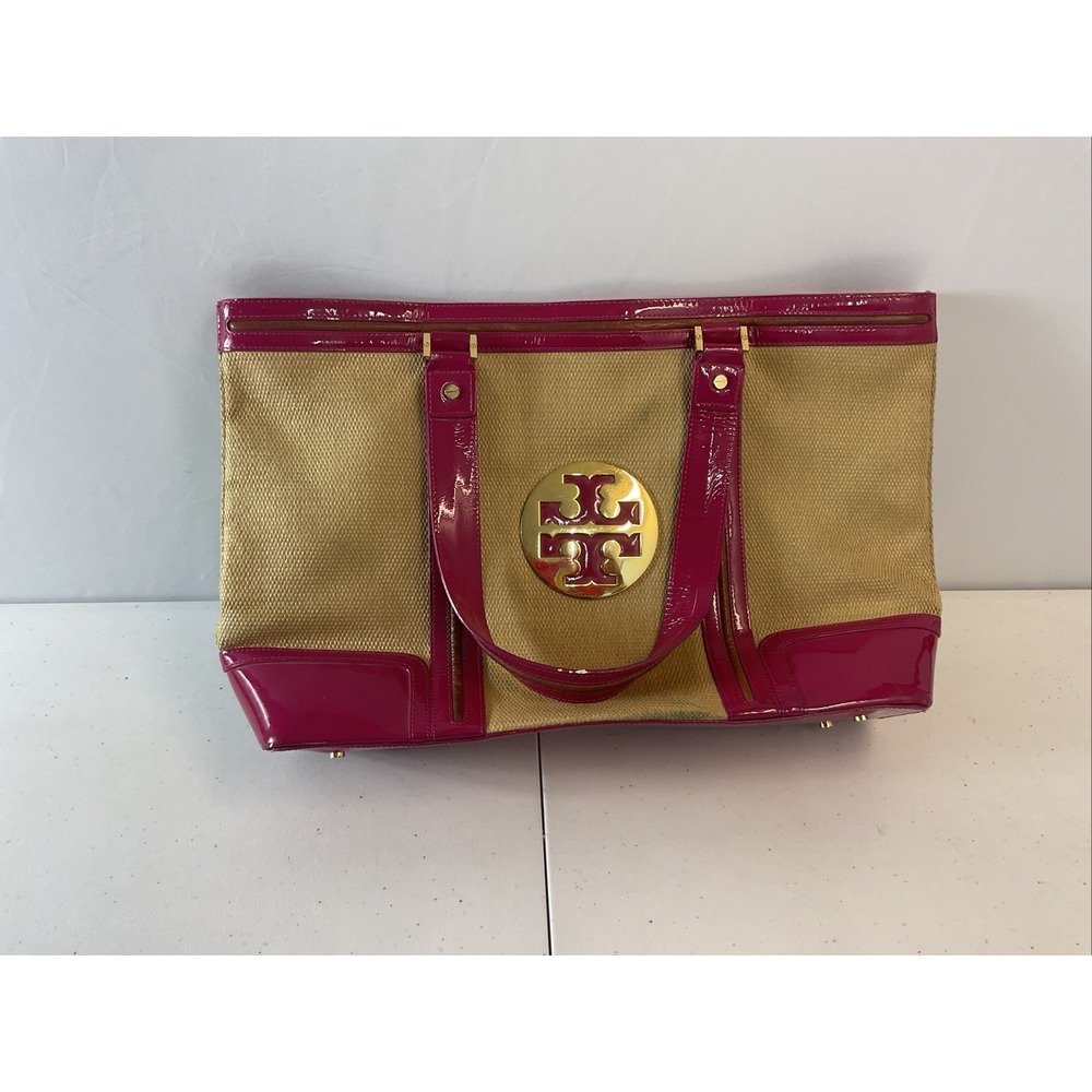 Tory Burch Straw Saddle Jane Large Tote Bag Pink Patent Leather Logo‎ Beach